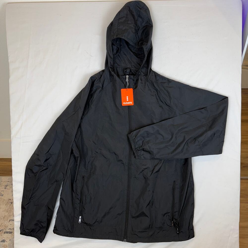 Elevate Men’s Packable Jacket Black XL Lightweight Hooded Zip-Up